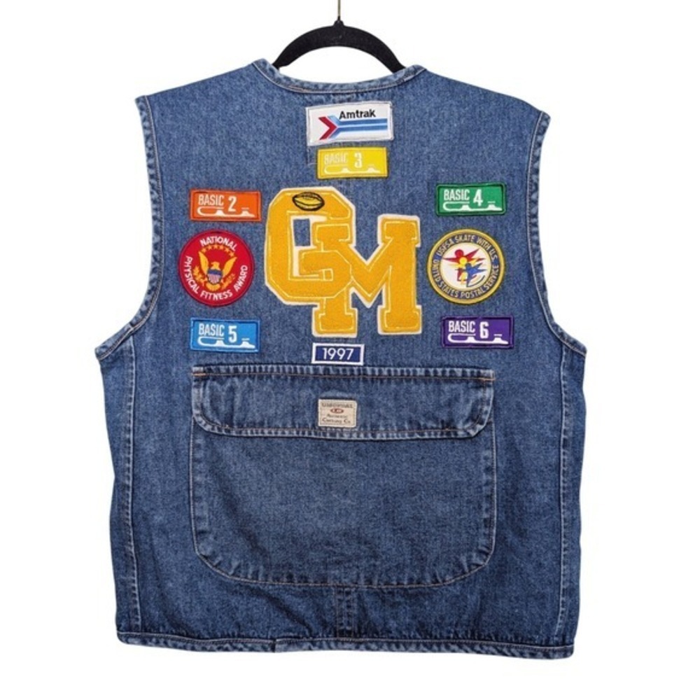 Union Bay Rare 90s Nostalgia Varsity Upcycled Patchwork Denim Cargo Vest